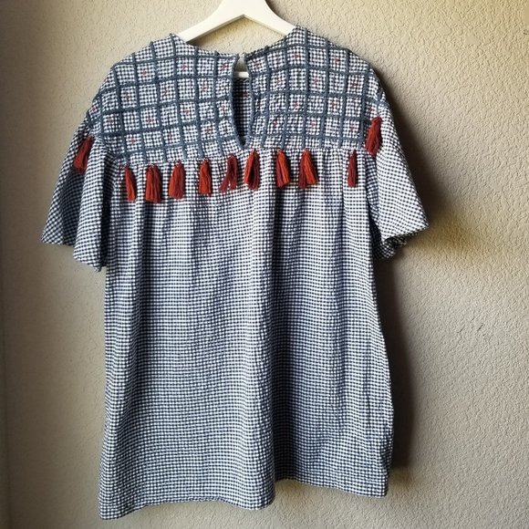 Zara Woman Gingham Check Embroidered Tassel Top Boho Blue White Womens Size S - Picture 3 of 12